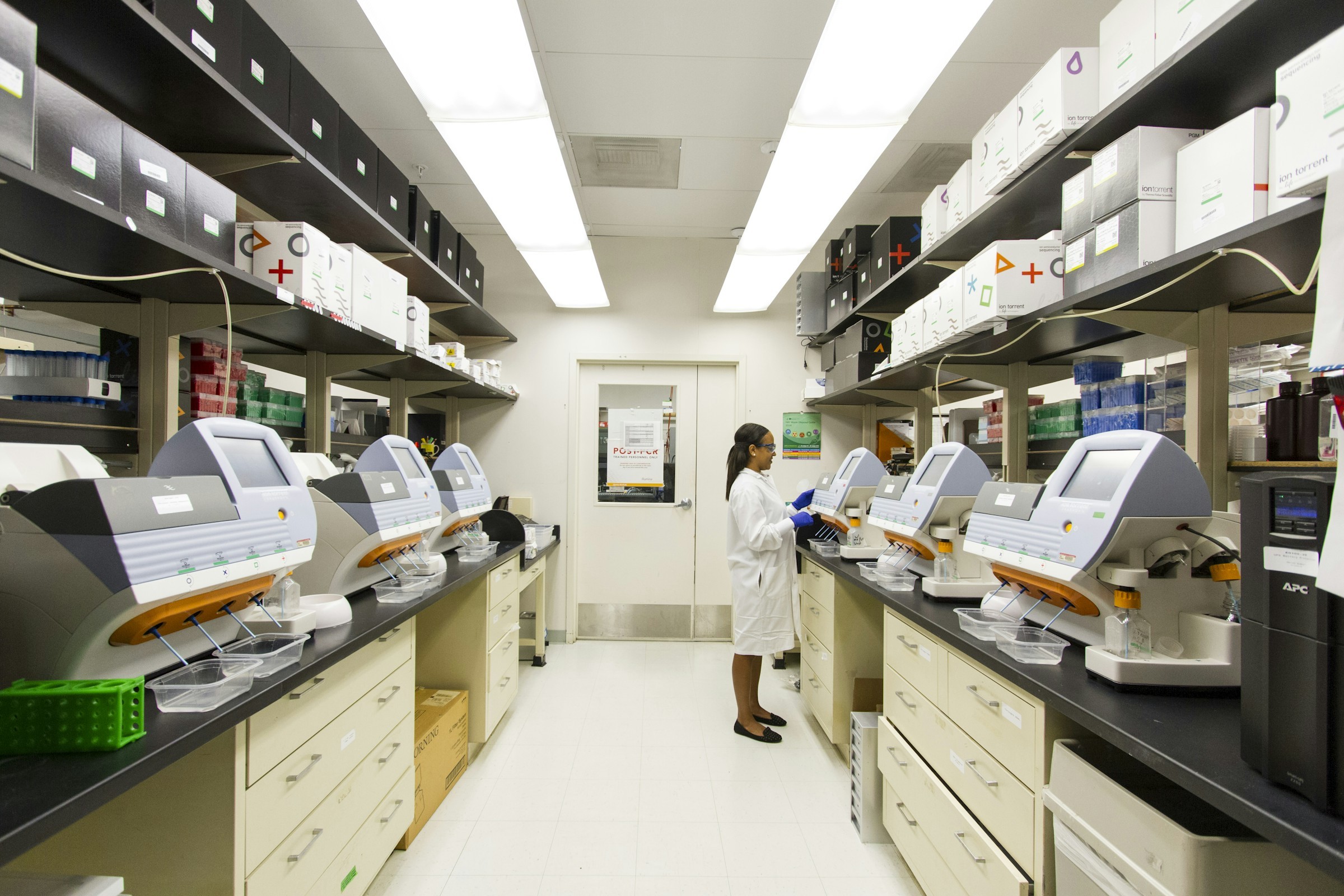 A scientist working in a bright life sciences laboratory