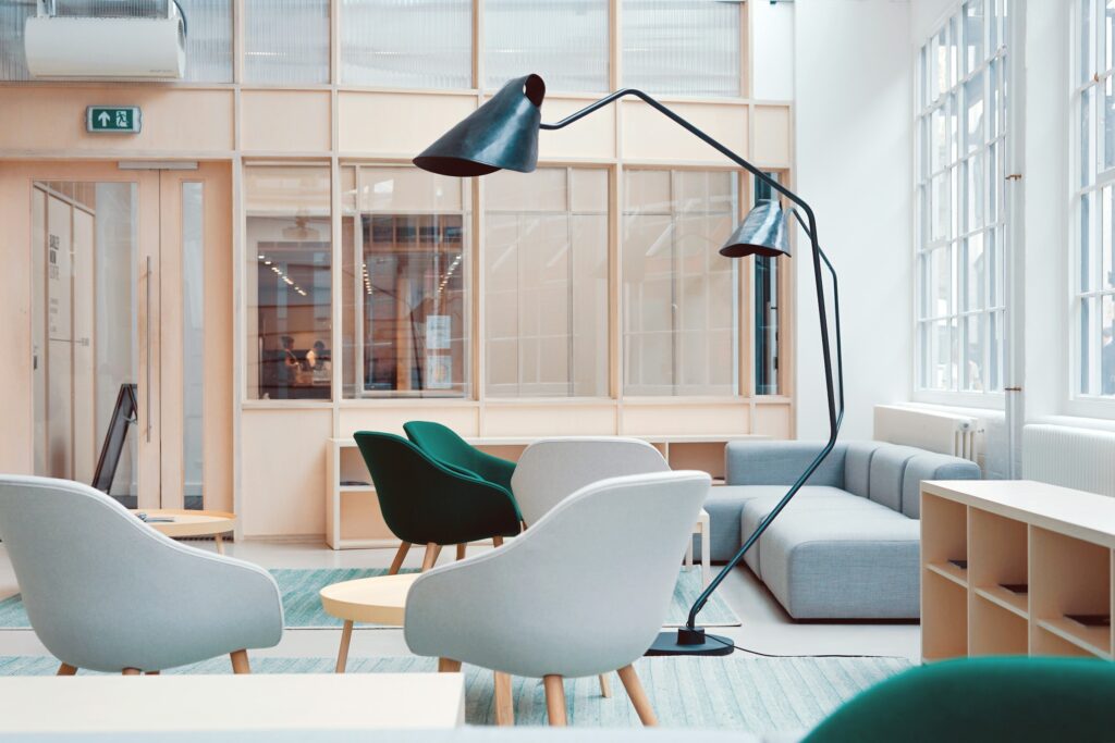 A bright, quiet office lounge