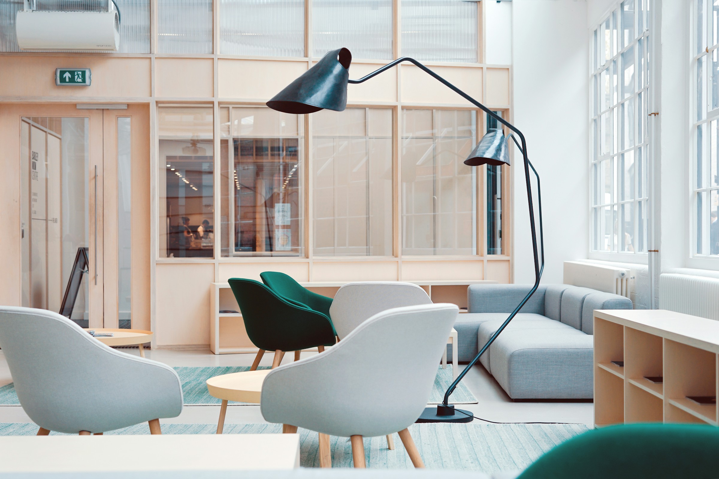 A bright, quiet office lounge