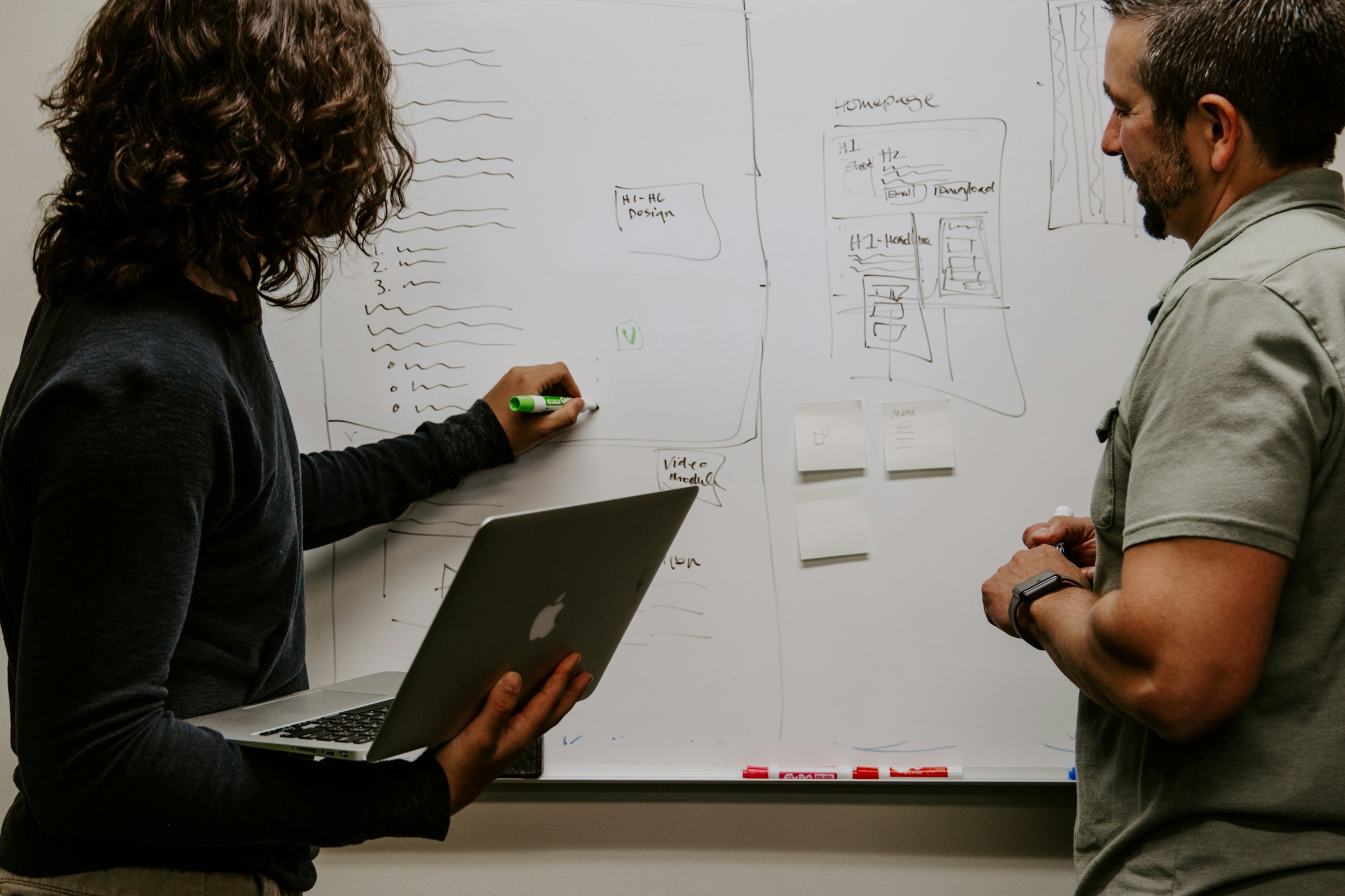 Two colleagues mapping a communications strategy on a whiteboard
